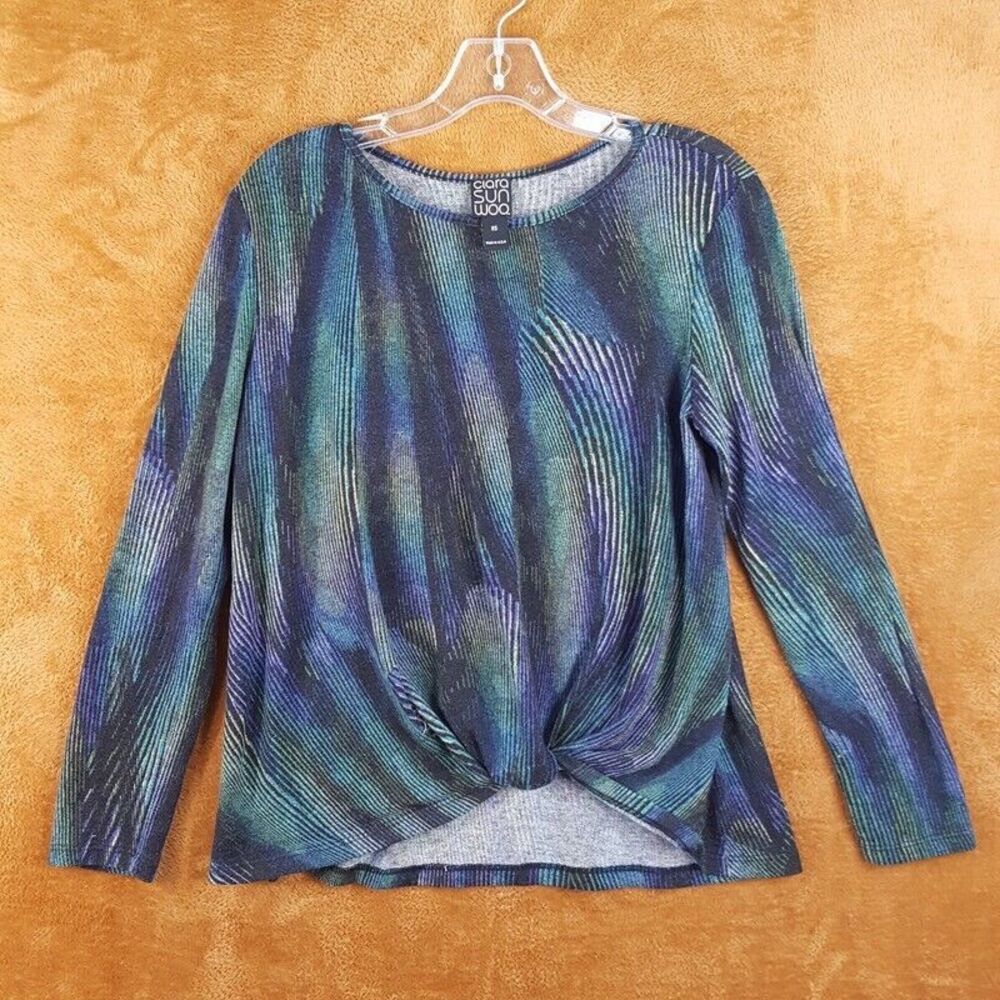 CLARA SUN WOO Womens Top XS Blue Pullover Knotted Twisted Knit Draped Peacock